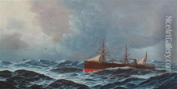 Steamship In A Rough Sea Oil Painting - David James
