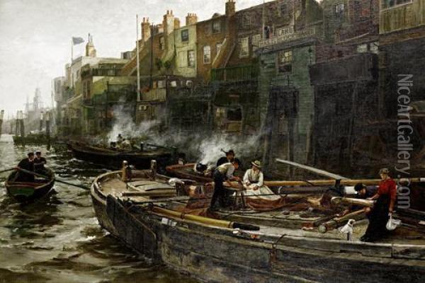 The Riverside, Limehouse Oil Painting - Charles Napier Hemy