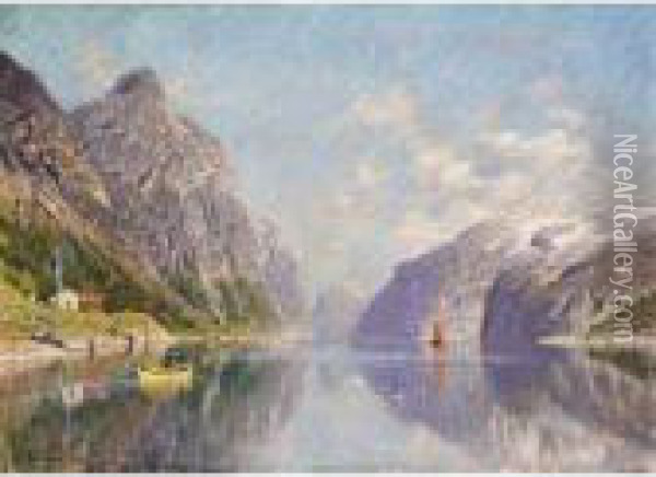 Roing Pa Fjorden (rowing On A Fjord) Oil Painting - Adelsteen Normann
