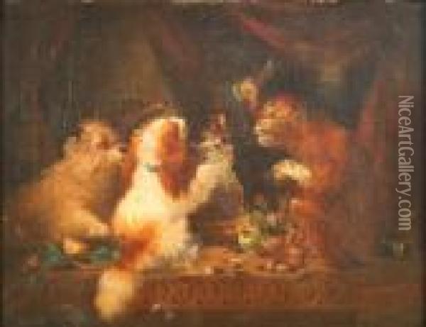 Study Of Dogs Anda Monkey On A Table Top Beside A Decanter And Fruit Oil Painting - George Armfield