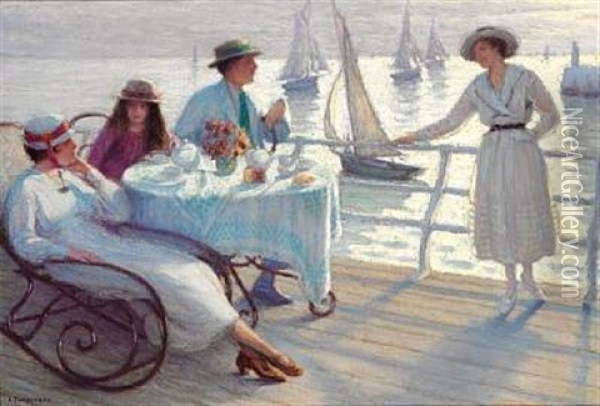 Elegant People In Summer Dresses Drinking Tea On The Pier Oil Painting - Lucien Tanquerey