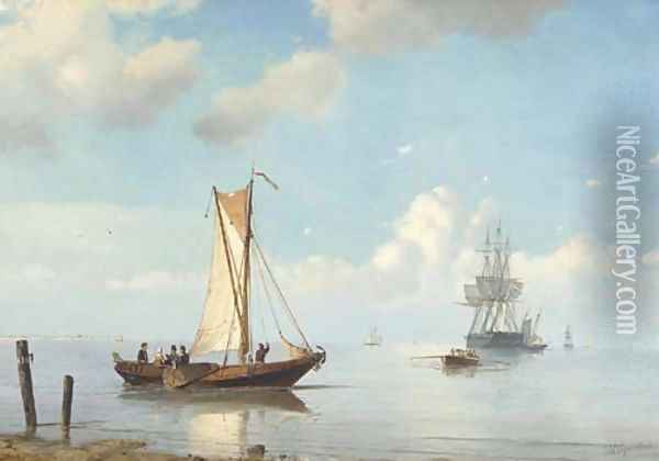 A three-master unloading on a calm summer's day Oil Painting - Petrus Paulus Schiedges