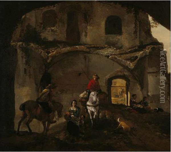 An Italianate Landscape With Two Riders And Other Figures Beneath Ruined Buildings Oil Painting - Pieter Wouwermans or Wouwerman