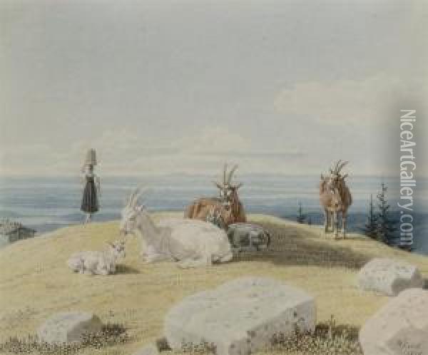 Goats On A Hilltop Oil Painting - Wilhelm Alexander W. Von Kobell