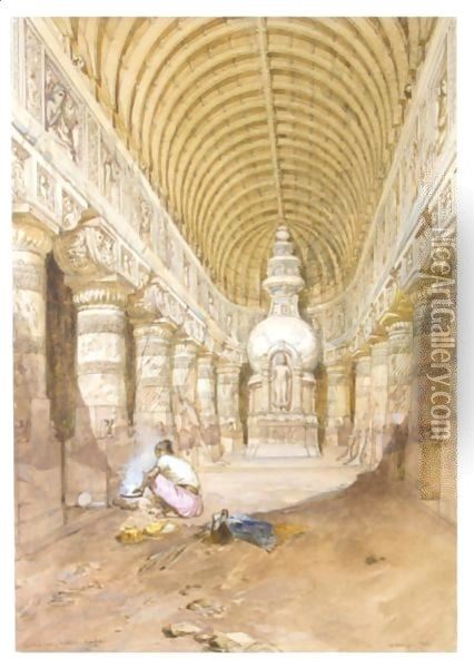 The Interior Of A Chaityagriha At Ajanta, India Oil Painting - William Simpson