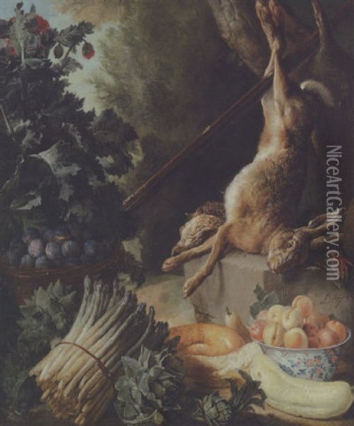 A Hunting Still Life With A Dead Hare And Game Birds On A Stone Plinth With Various Vegetables, A Pear, A Basket Of Plums And A Bowl Of Peaches Oil Painting - Alexandre Francois Desportes