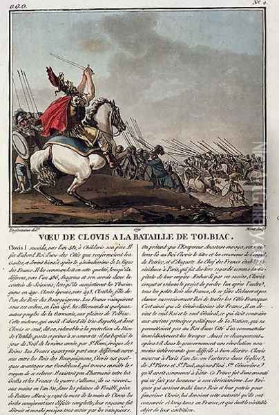 Clovis I c.466-511 at the Battle of Tolbiac, 496 AD, engraved by Jean Baptiste Morret fl.1790-1820, 1791 Oil Painting - Jacques Francois Joseph Swebach