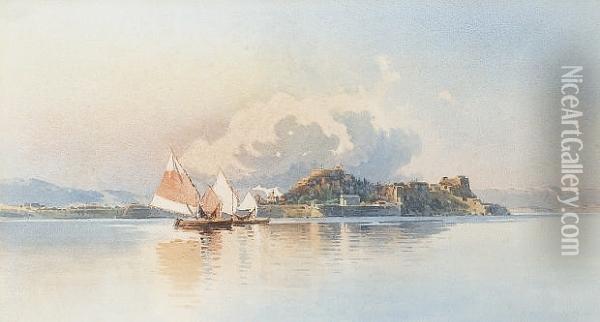 Fishing Boats Before Corfu Oil Painting - Angelos Giallina