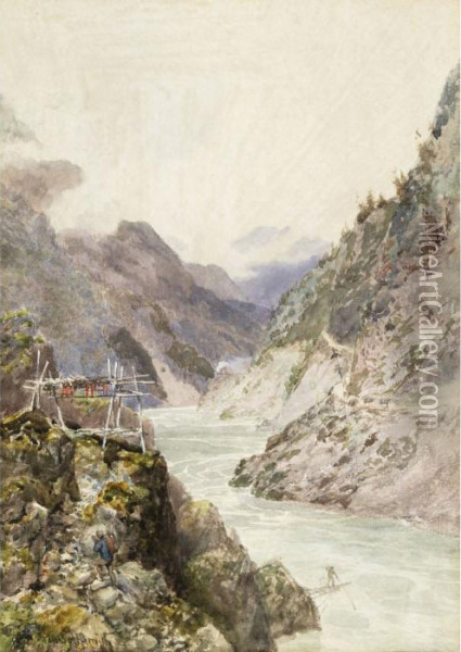Indian Fishing - Platform Drying Rack, Fraser River Oil Painting - Frederic Marlett Bell-Smith