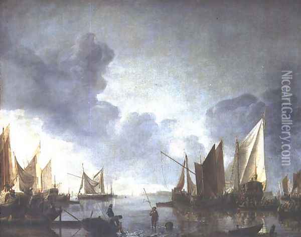A calm, with a dignitary heralded in a state barge and fishermen in the foreground Oil Painting - Jan Van De Capelle