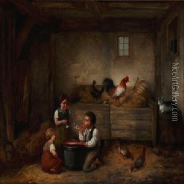 Three Children Blowing Soap Bubbles In A Barn With Chickens Oil Painting - Christian Andreas Schleisner