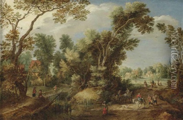 A Wooded Landscape With Peasants And Travellers On A Path, A Village Beyond Oil Painting - Gillis Claesz De Hondecoeter