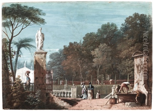 Elegant Company In A Park: A Fountain To The Right Foreground And A Palladian Building In The Background Oil Painting - Marco Ricci