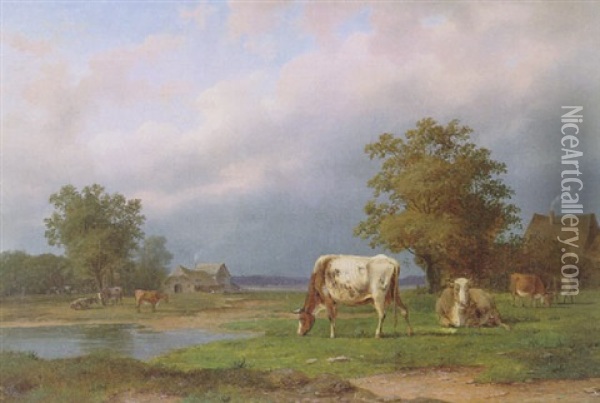 Niederrheinische Landschaft Mit Kuhen Oil Painting - Caesar Bimmermann