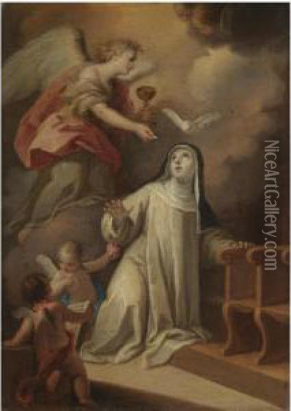 Saint Catherine Of Siena Receiving Holy Communion From An Angel Oil Painting - Mariano Salvador Maella