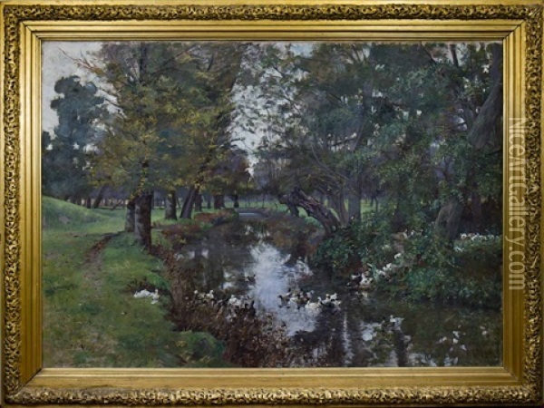 Forest Scene With River Oil Painting - Auguste Durst