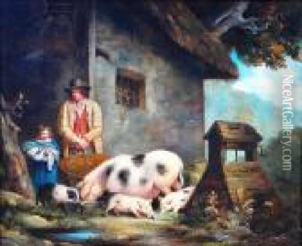 With Farmers' Wife And Daughter Looking On Oil Painting - George Morland