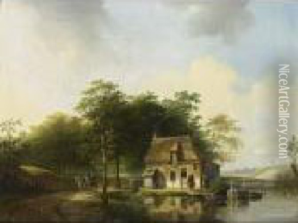 A River Landscape With Figures Near A Cottage Oil Painting - Jacobus Van Der Stok