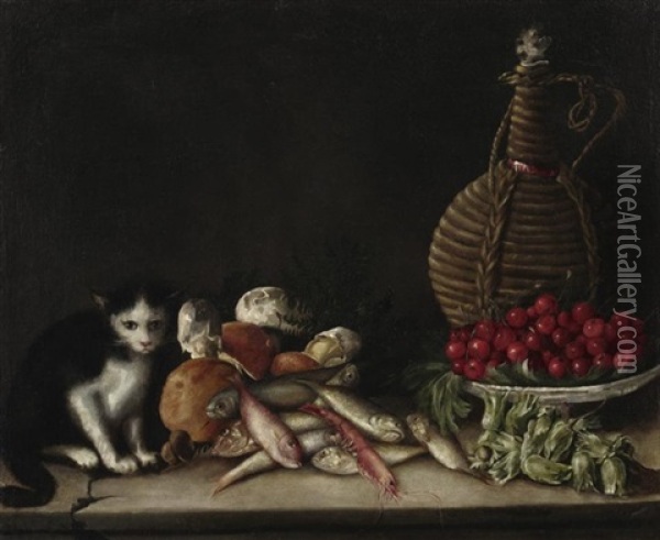 Stilleben Mit Meeresgetier, Pilzen, Einer Schale Kirschen, Haselnussen Und Einem Katzchen Oil Painting - Giuseppe Recco