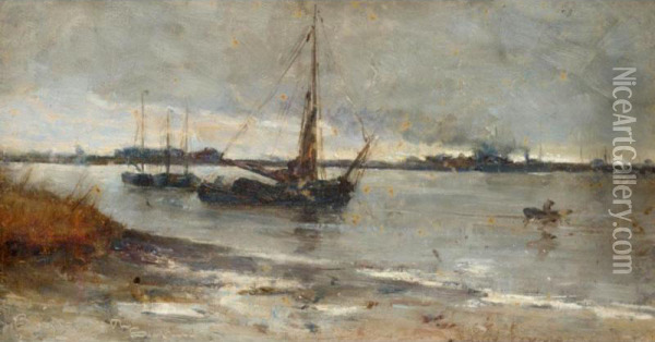 Barges On The Scheldt Oil Painting - John Reed Murray