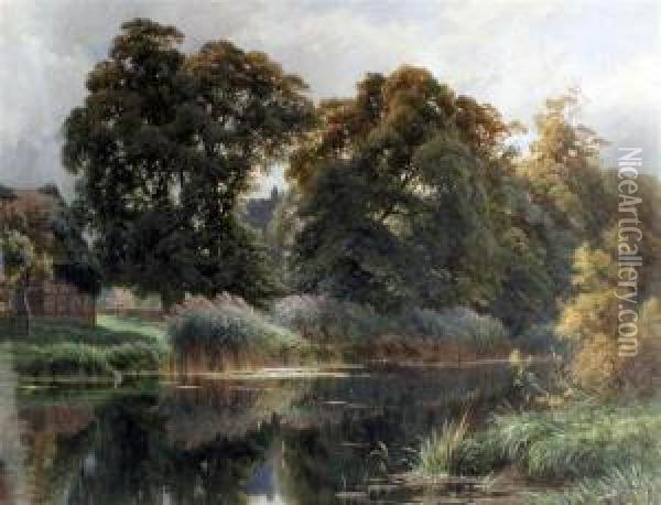 River Landscape With Church Viewed Through Trees Oil Painting - Harry Sutton Palmer