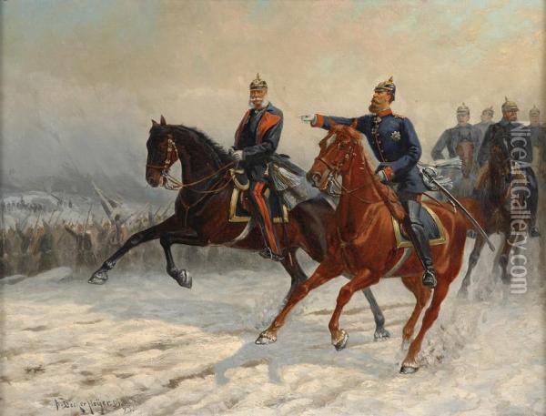 Wilhelm I., Friedrich Iii. Und Generale Beim Inspizieren Der Fronttruppen. Oil Painting - Rudolf Albert Becker-Heyer