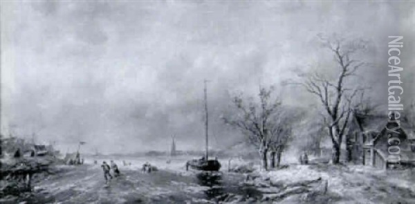 Hollaendisches Flussufer Im Winter Oil Painting - Albert Jurardus van Prooijen