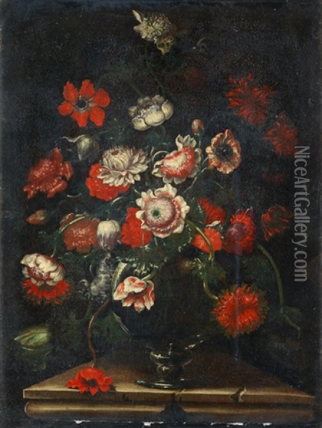 Poppies, Carnations And Other Flowers In A Glass Vase On A Stone Ledge Oil Painting - Giuseppe Recco