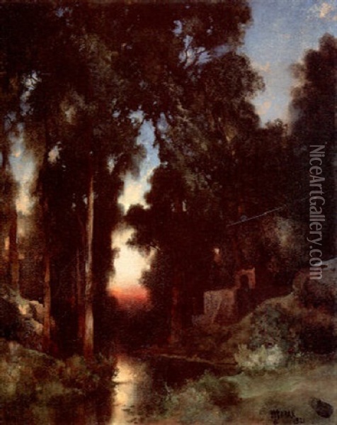 Mission At Sunset Oil Painting - Thomas Moran
