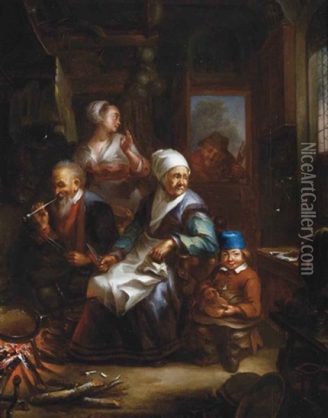 Peasants In An Interior By A Fire Oil Painting - Adriaen Jansz van Ostade