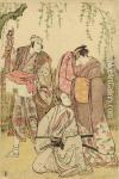 Three Actors In A Scene Under A Willow Tree Oil Painting - Torii Kiyonaga