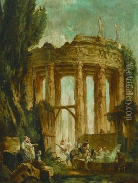 Cavaliers Et Lavandieres A La Fontaine Devant Des Ruines Antiques Oil Painting - Hubert Robert