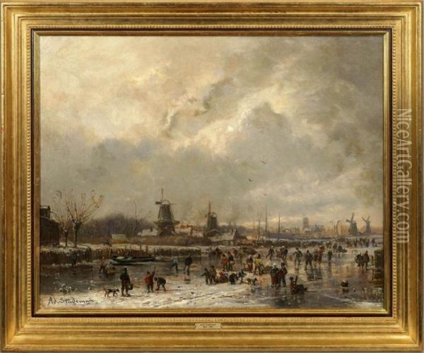 Abendliche Winterfreuden An Einer Hollandischen Stadt Oil Painting - Adolf Stademann