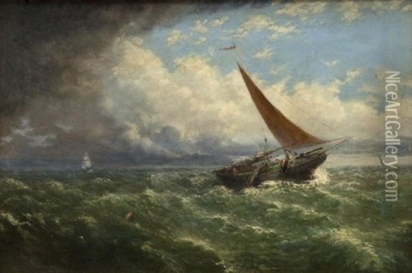 Fishing Boat At Sea (+ Harbor Scene; 2 Works) Oil Painting - Richard Short