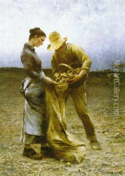 October: The Potato Gatherers Oil Painting - August Vilhelm Nikolaus Hagborg