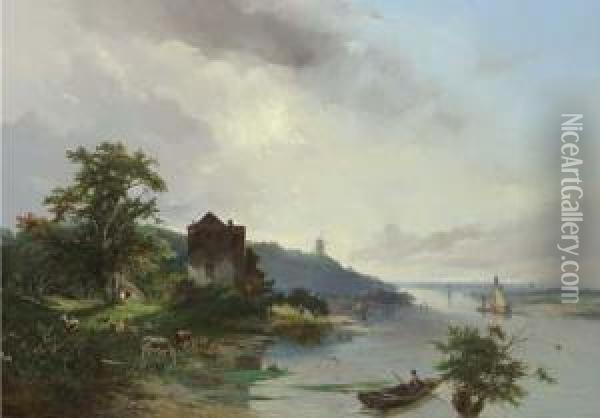 Panoramic View Of A River Landscape Oil Painting - Jacobus Pelgrom
