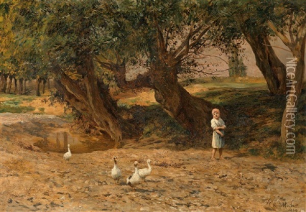 Die Kleine Gansehirtin Unter Weiden Oil Painting - Carl Rudolph Huber