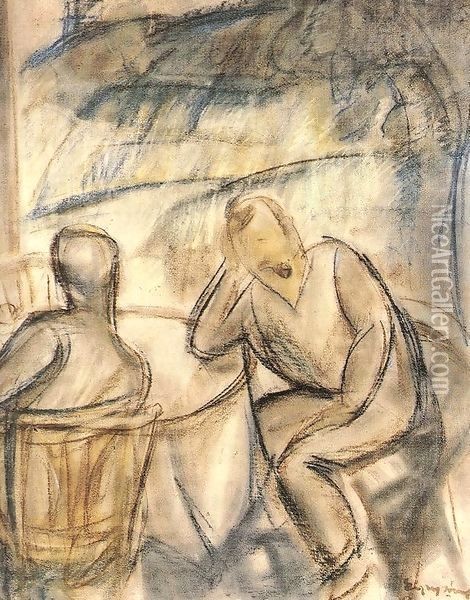Chatting 1920s Oil Painting - Jeno Gadanyi