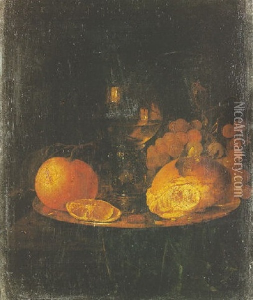 Nature Morte Au Verre Rohmer, Orange, Raisins Et Miche De Pain Sur Un Entablement Oil Painting - Isaac Luttichuys
