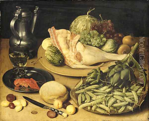 Artichokes and peas in the pod in a basket, a joint of pork, grapes, onions and cucumbers on a platter, a roemer and a crayfish on a pewter dish Oil Painting - Georg Flegel