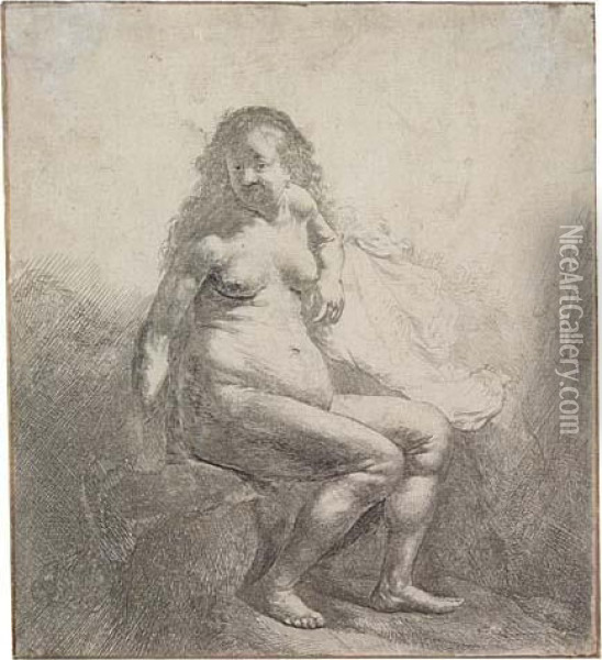 Nude Woman Seated On A Mound Oil Painting - Rembrandt Van Rijn