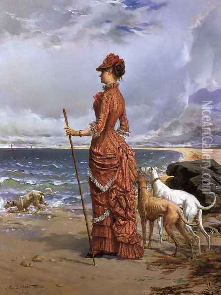 Elegant Lady Walking Her Greyhounds on the Beach Oil Painting - Edmond-Louis Dupain