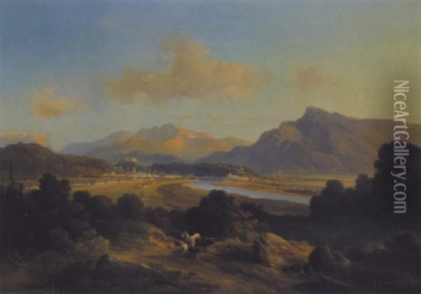 Panoramablick Von Maria Plain Auf Salzburg Mit Abendstimmung Oil Painting - Friedrich Fritz Zeller
