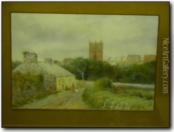 Cottage Withriver And Church Beyond Oil Painting - Benjamin Archbald Lewis