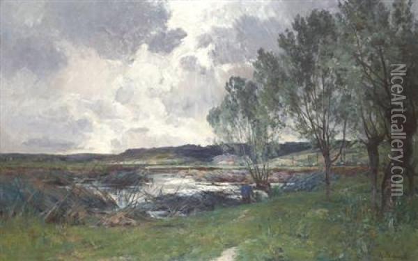 French, - Fisherman Under Stormclouds, Miribel Oil Painting - Armand Auguste Balouzet