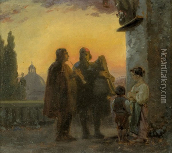 Zwei Pifferari Unter Einem Madonnenandachtsbild Spielend, Im Hintergrund Die Kuppel Von St. Peter Oil Painting - Ernst Meyer