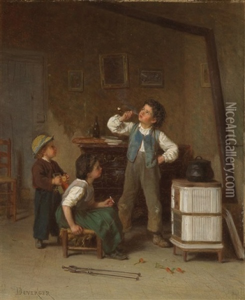 The First Pipe Oil Painting - Theophile Emmanuel Duverger