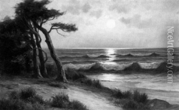 Moonlit Monterey Coastal Scene Oil Painting - Nels Hagerup
