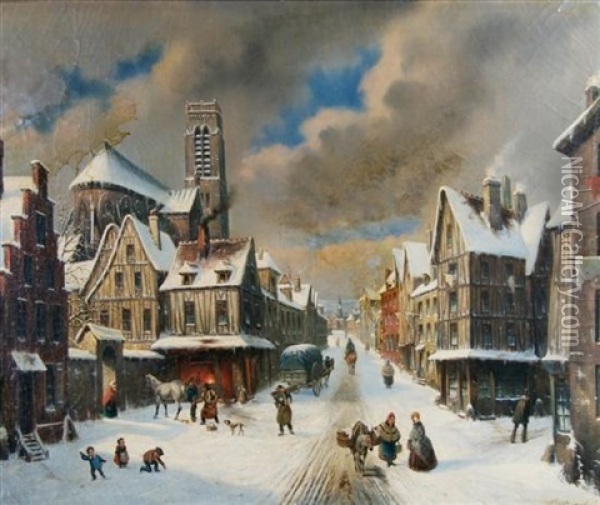 Winter Town Scene Oil Painting - Louis-Claude Malbranche