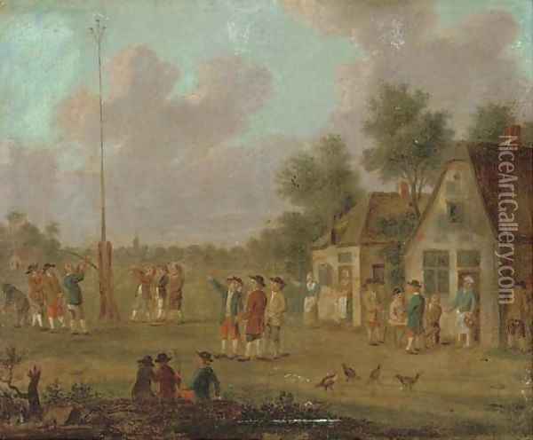 Peasants outside a tavern playing skittles; and Figures outside a tavern by a May pole Oil Painting - David The Younger Teniers
